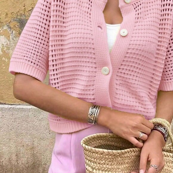 Pink Casual Women's Round Neck Short Sleeved Hollow Knitted Cardigan - Picture 4 of 9